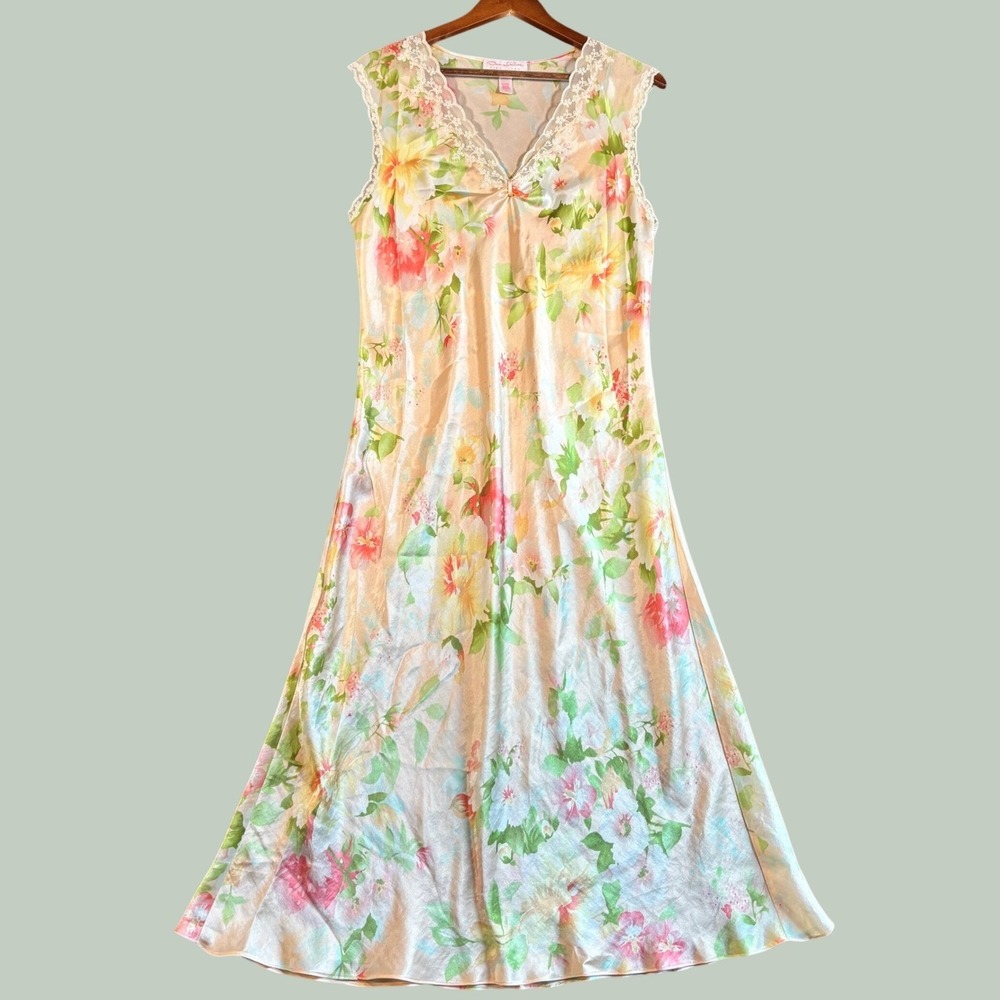 Oscar de la Renta Womens Silky Nightgown S Multicolor Floral Lace Trim Soft Core